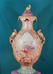 Stoneware Gilt Vase depicting Queen Victoria visiting the Great Exhibition, made by Charles Neigh and Sons